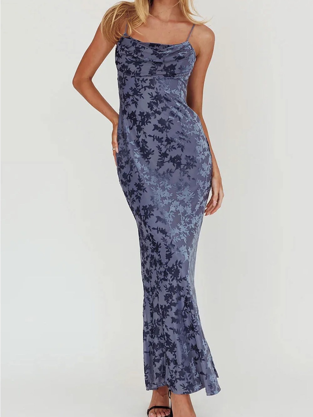Elegant Navy Floral Fitted Dress with Cowl Neck